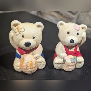 Adorable Salt And Pepper Hand-painted Porcelain Bears Red and Blue Accents